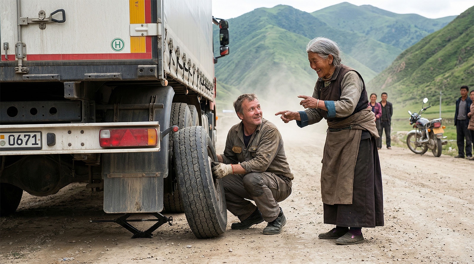 Elderly Chinese woman assisting a foreign traveler with vehicle repair on a rural road using hand gestures