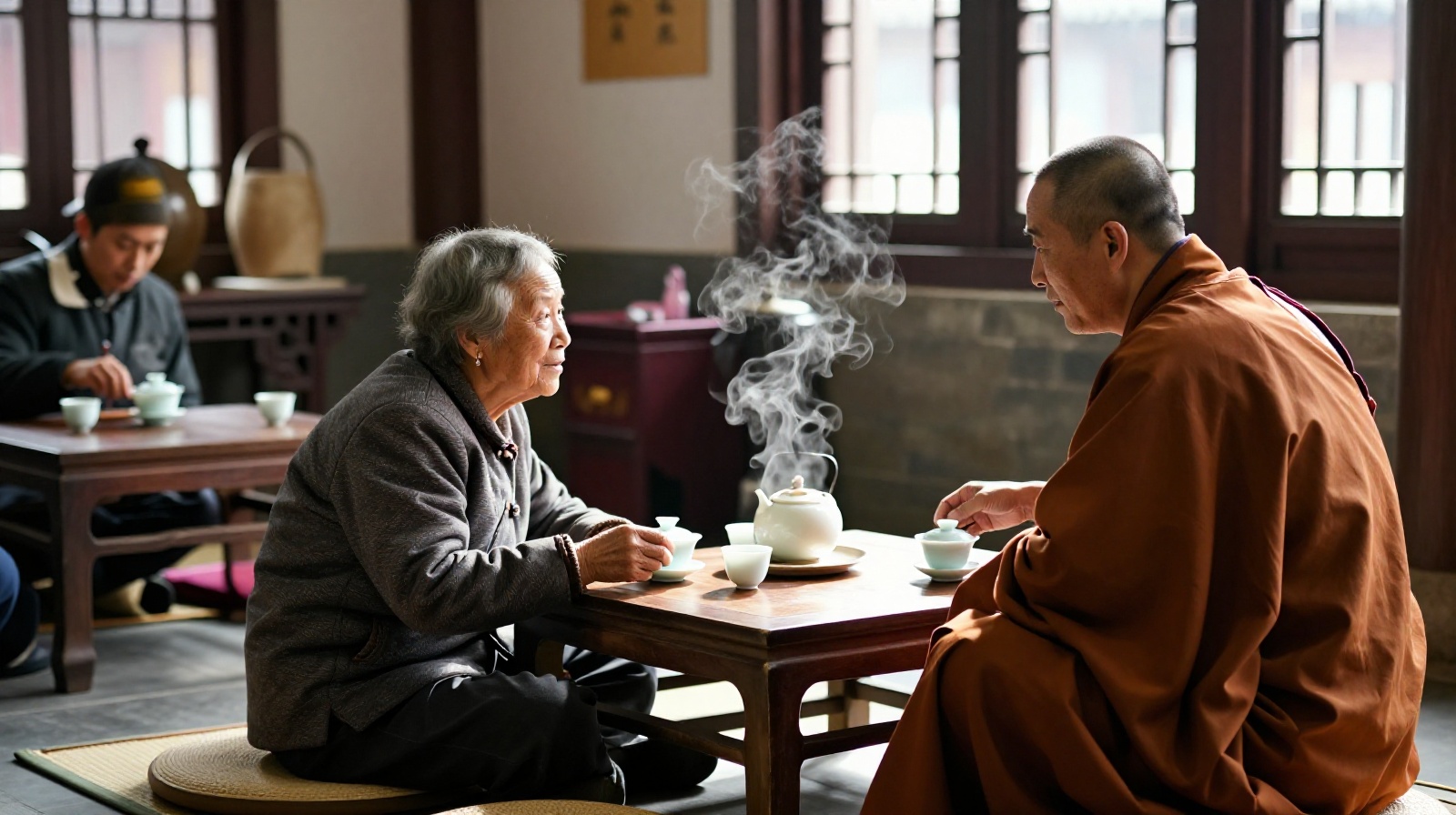 Elderly Chinese woman mediating a conversation between a Buddhist monk and a merchant inside a traditional tea house