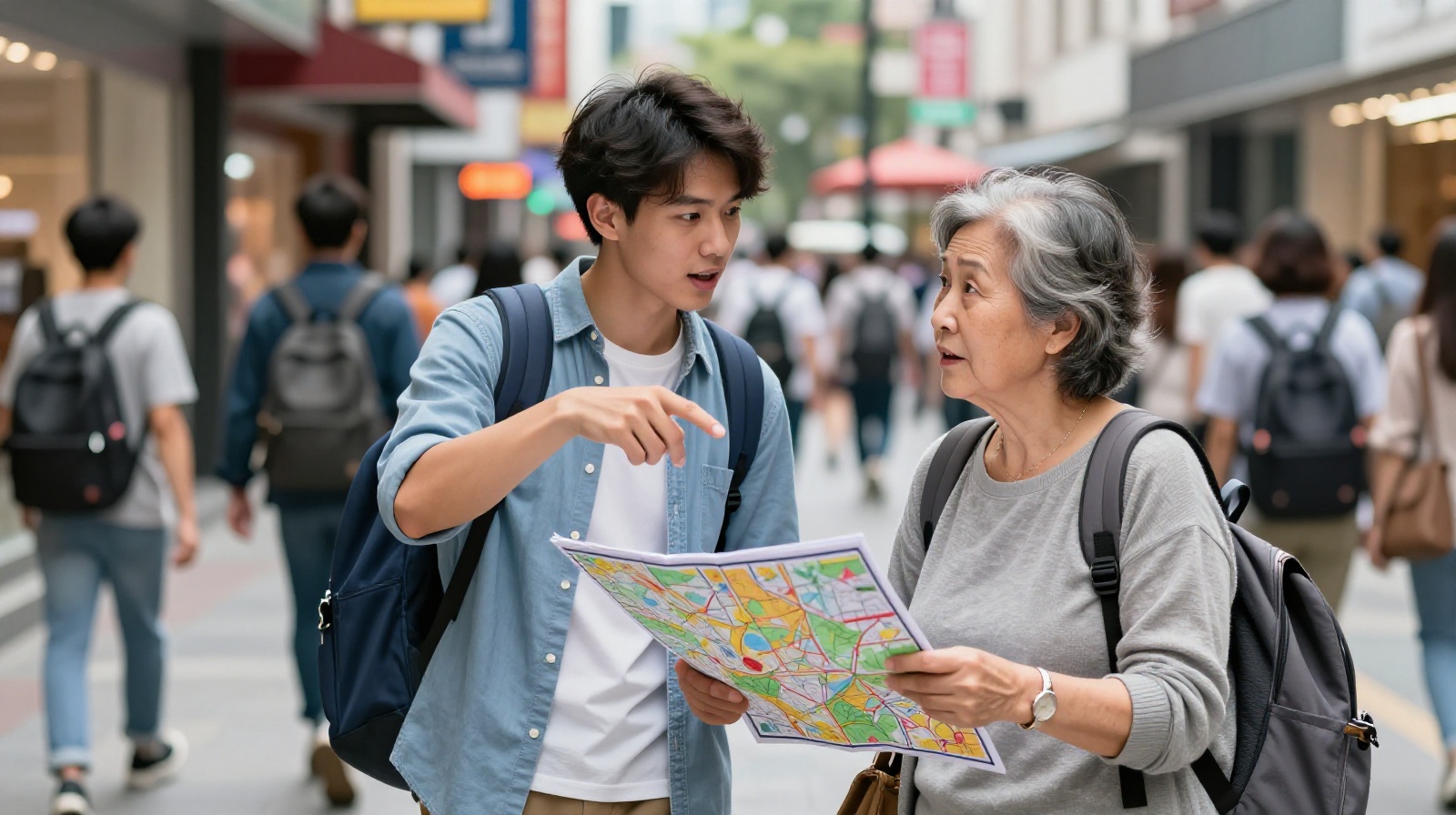 Young student receiving advice from an experienced elderly Chinese woman on a busy street corner