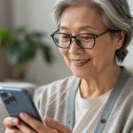 A close-up portrait of an elderly Chinese woman using a smartphone, showing a warm smile and modern fashion style