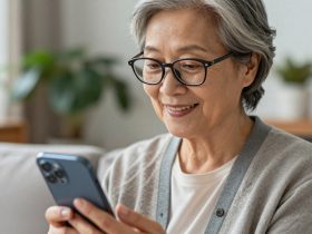 A close-up portrait of an elderly Chinese woman using a smartphone, showing a warm smile and modern fashion style