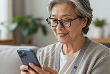 A close-up portrait of an elderly Chinese woman using a smartphone, showing a warm smile and modern fashion style