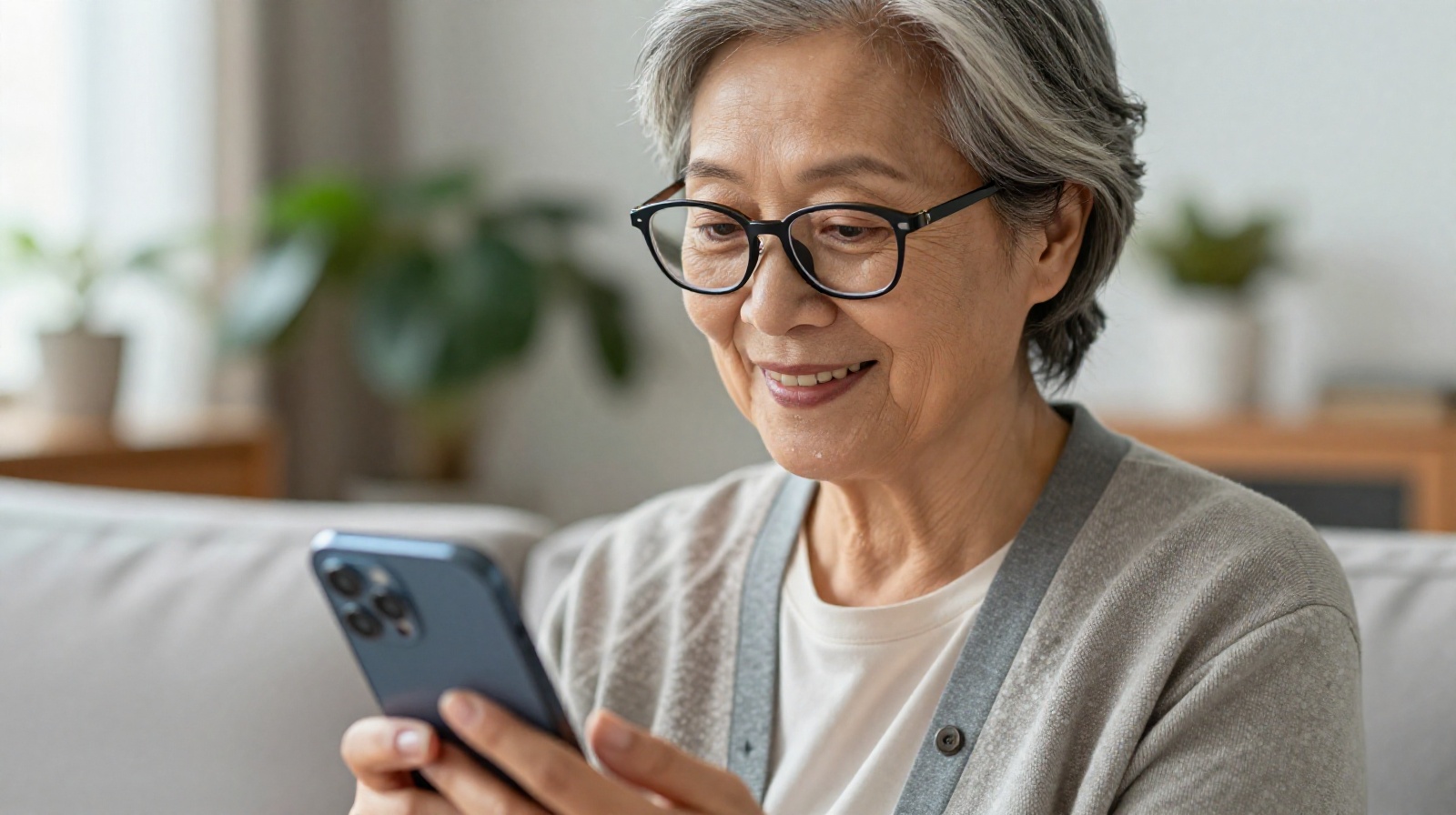 A close-up portrait of an elderly Chinese woman using a smartphone, showing a warm smile and modern fashion style