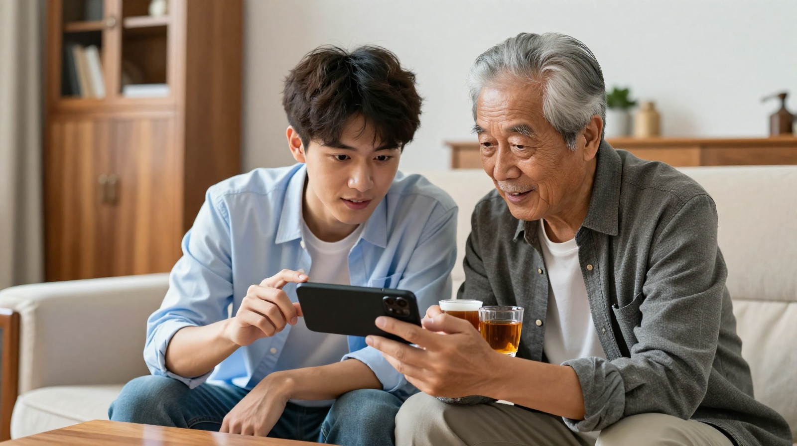Intergenerational interaction: A young student teaching an elderly Chinese man how to use phone filters