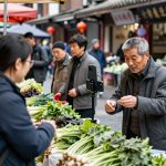An elderly Chinese vendor livestreaming sales at his local vegetable market to connect with neighbors