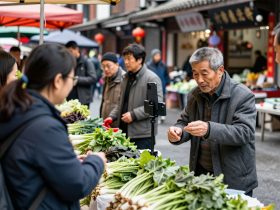 An elderly Chinese vendor livestreaming sales at his local vegetable market to connect with neighbors