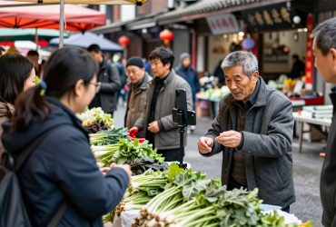 An elderly Chinese vendor livestreaming sales at his local vegetable market to connect with neighbors