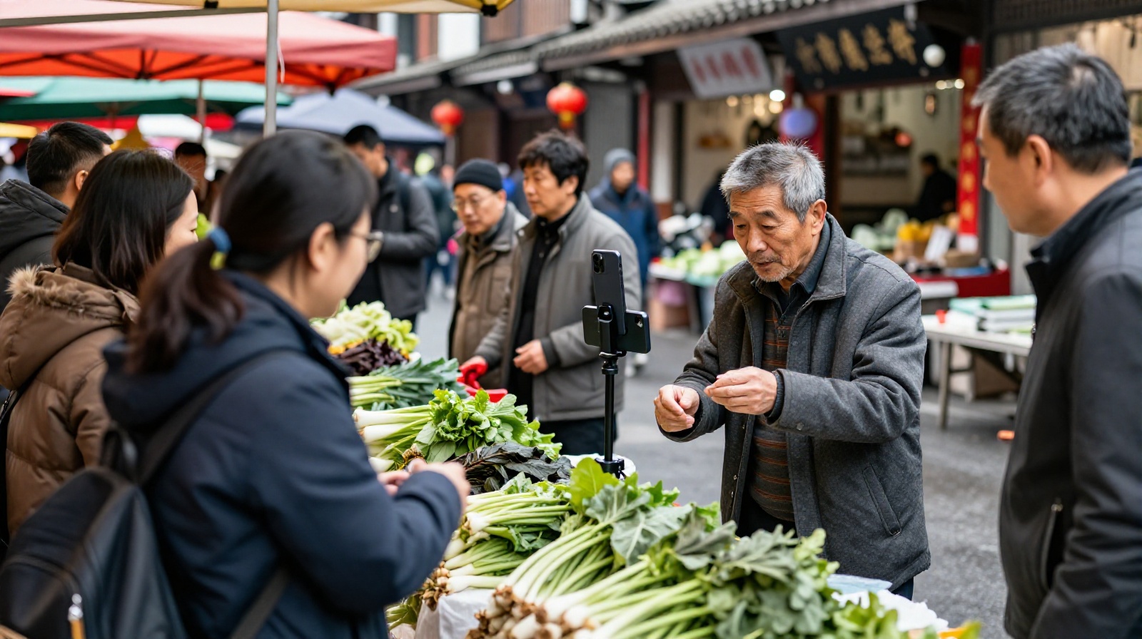 An elderly Chinese vendor livestreaming sales at his local vegetable market to connect with neighbors