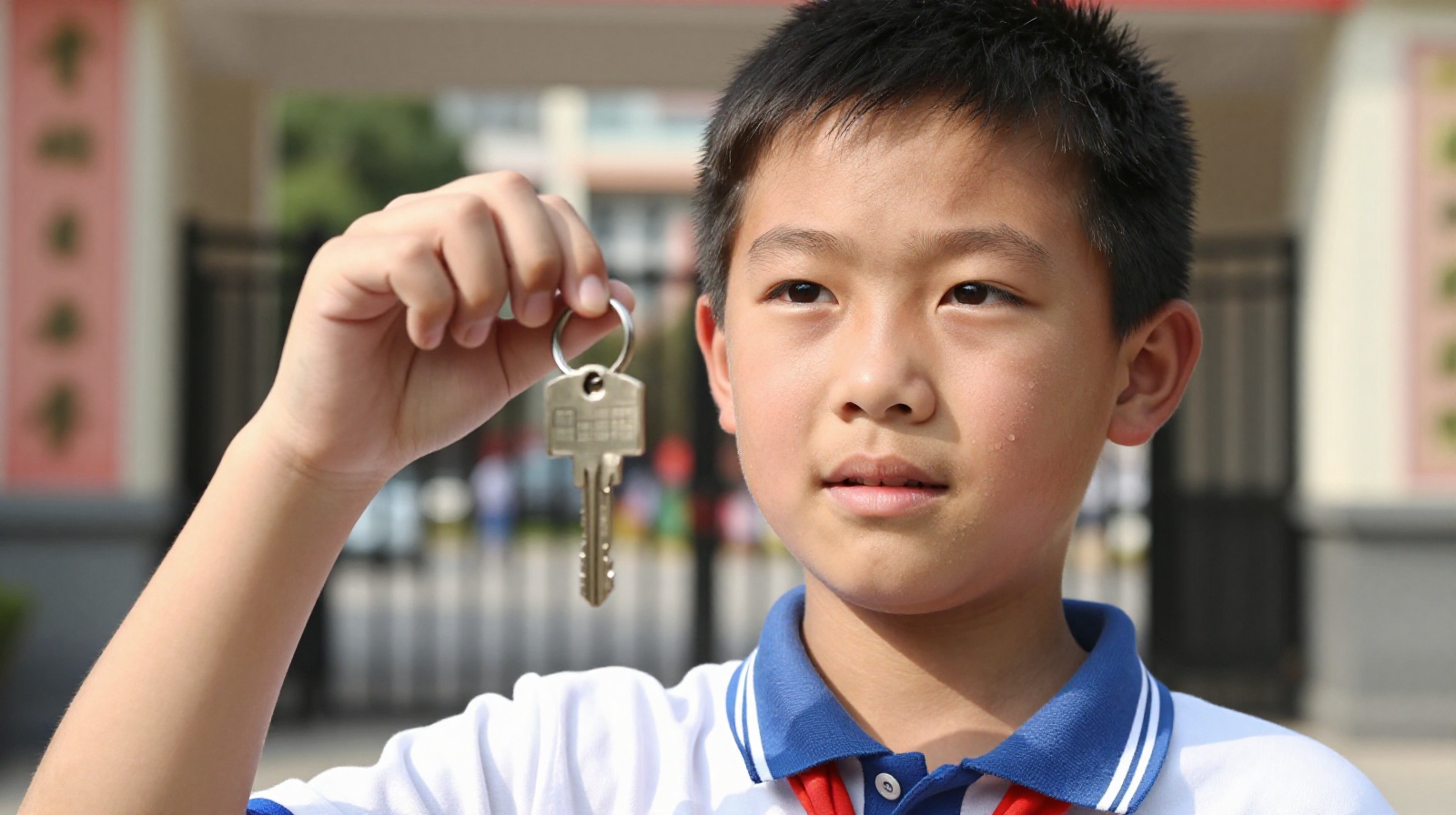 A young Chinese student holding a house key after school, representing the latchkey kids phenomenon in urban China
