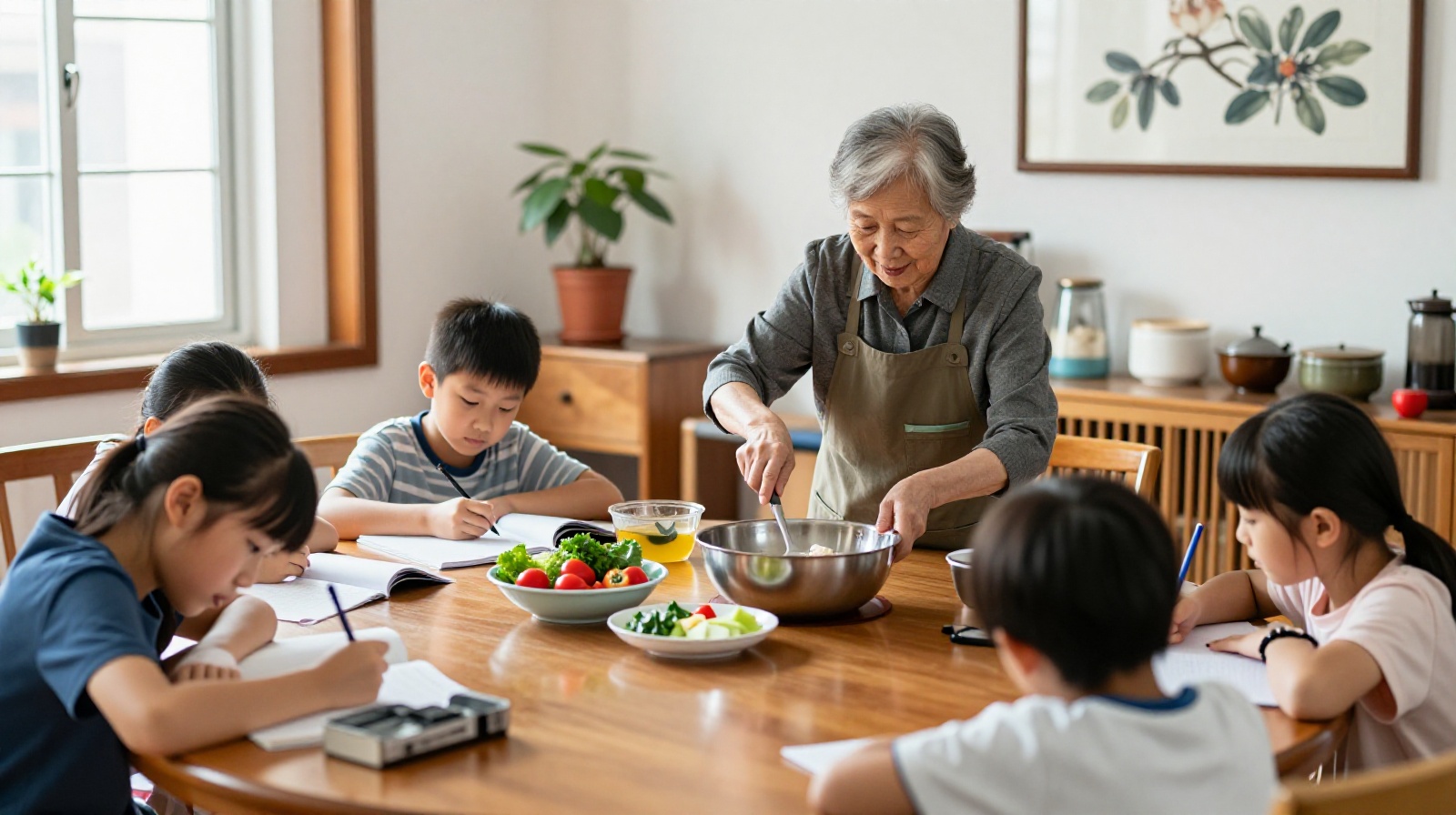 A retired woman acting as a shared grandma preparing dinner for neighborhood children in a community center