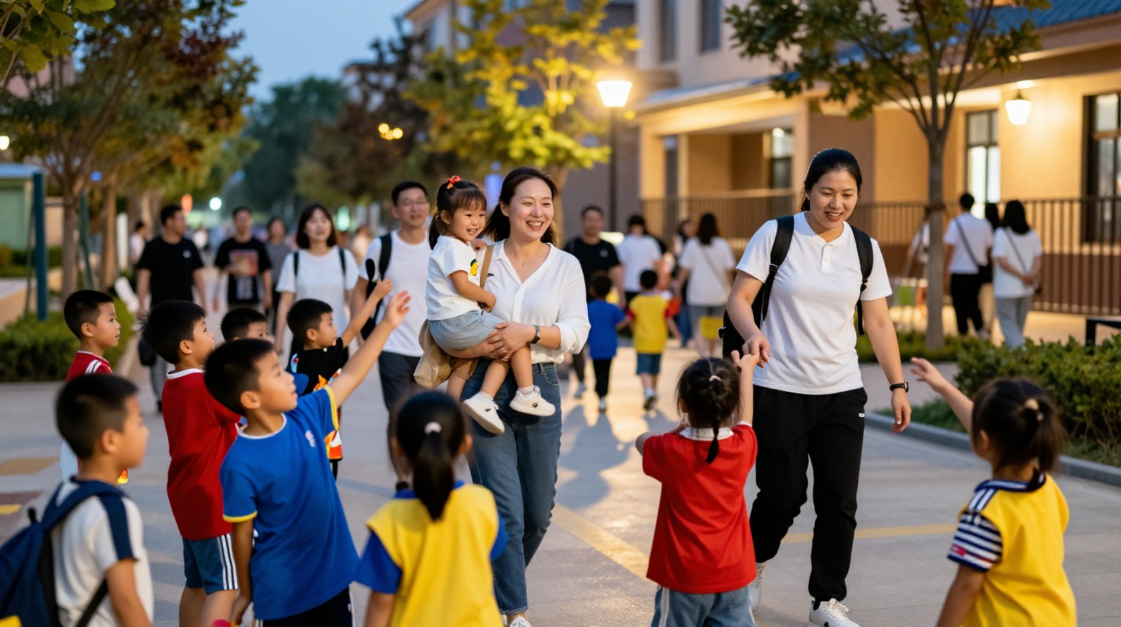 Parents reuniting with their children after work at a neighborhood shared grandma program