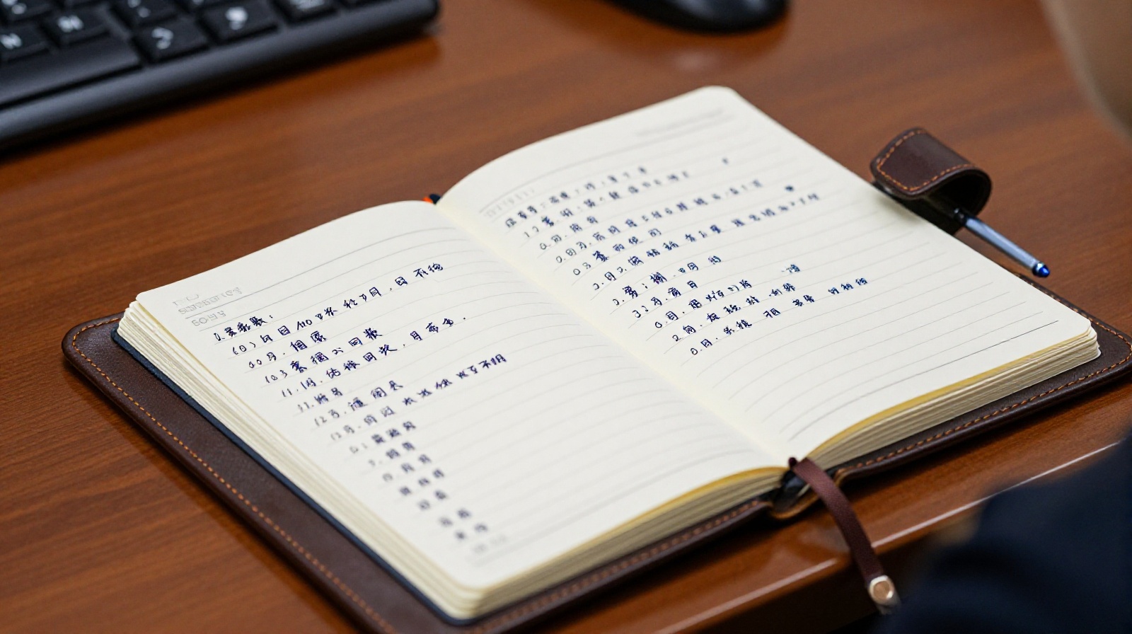A close-up view of a community police officer's personal notebook showing handwritten Chinese names and details about local residents, resting on a desk in a Beijing neighborhood office.