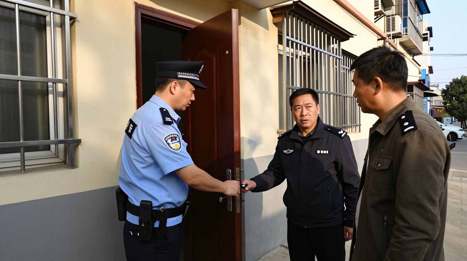 A community police officer visiting a resident's home for a welfare check in a typical Beijing residential neighborhood.
