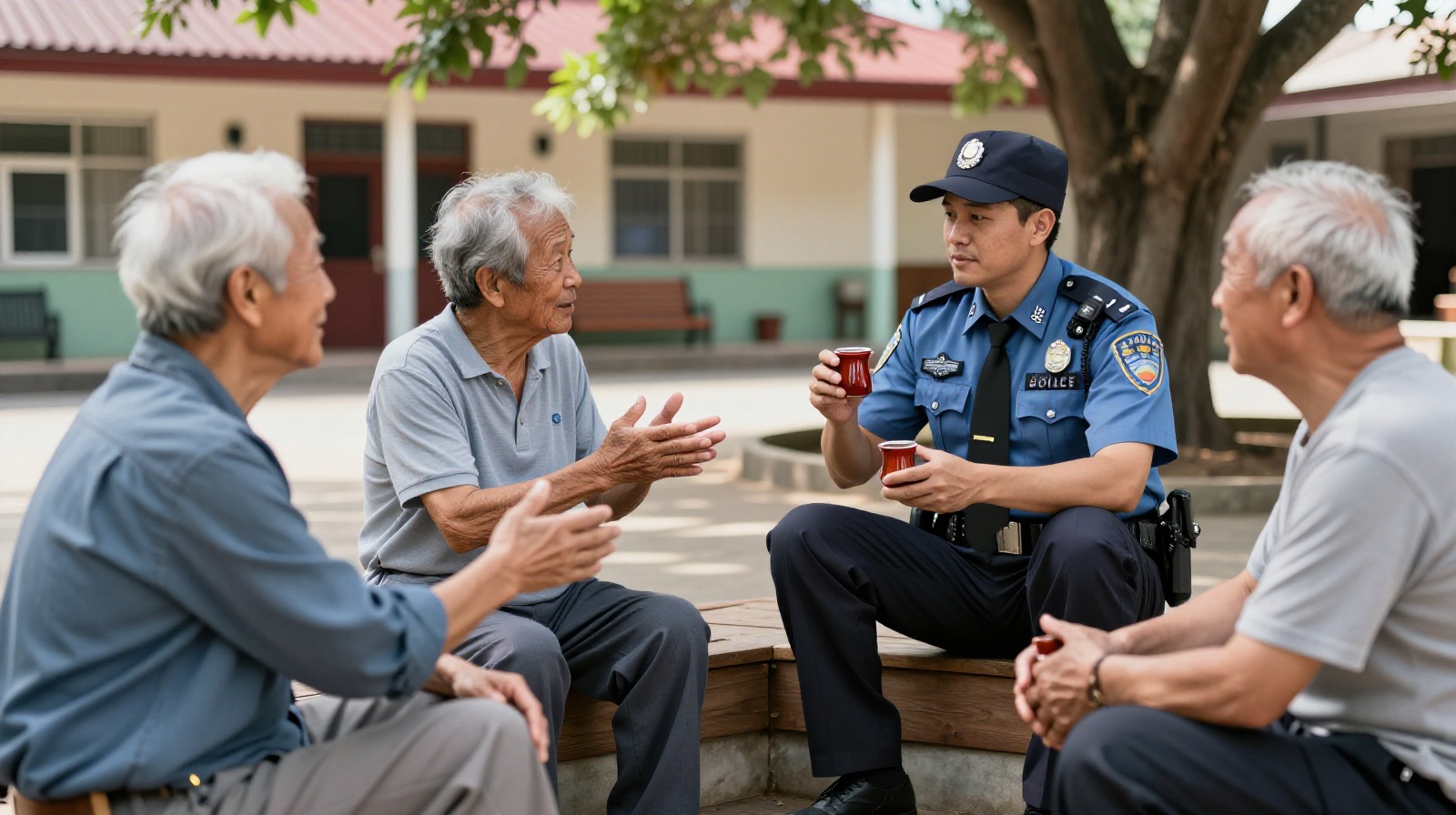 A Chinese community police officer mediating a dispute by drinking tea with local residents at a neighborhood center.