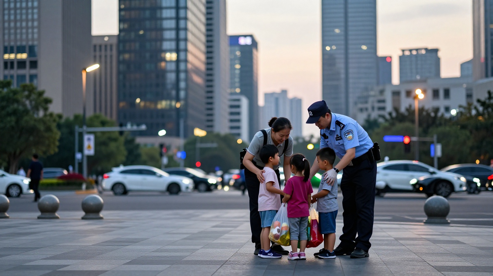 A community police officer assisting local residents with daily life tasks in a bustling Chinese urban neighborhood at sunset.