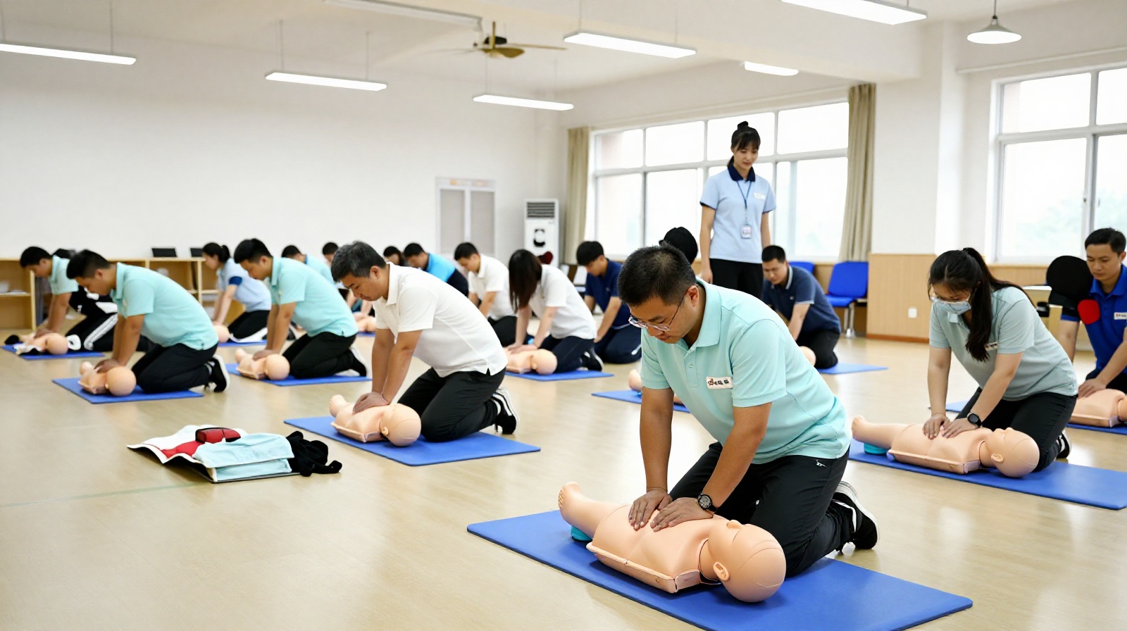 Chinese volunteers learning first aid techniques in a training classroom