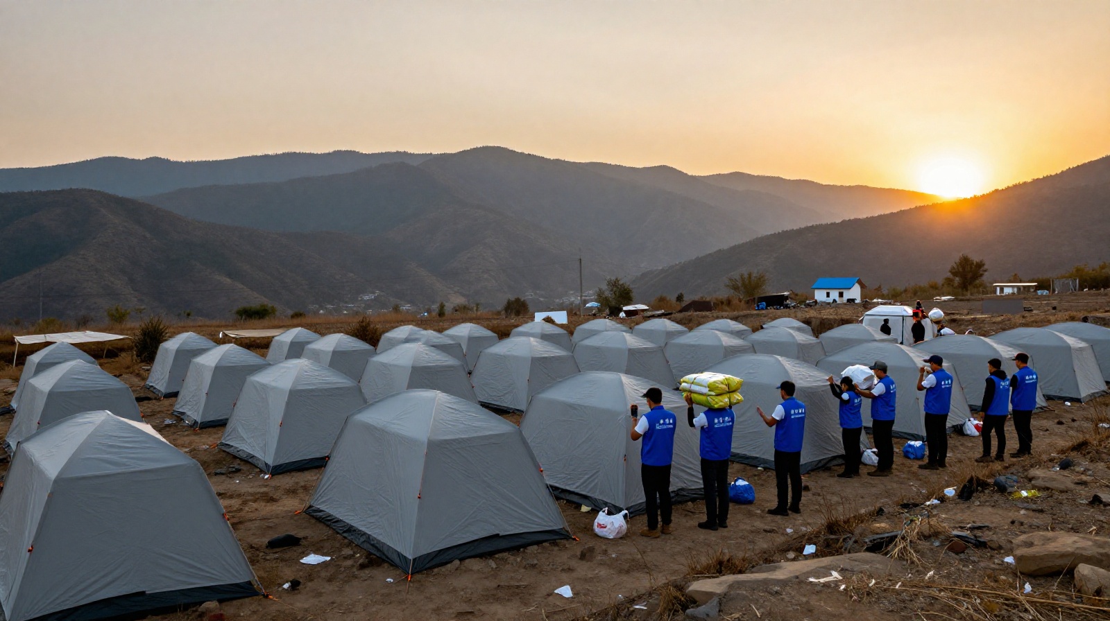 Volunteers establishing a temporary base camp in remote Chinese mountains