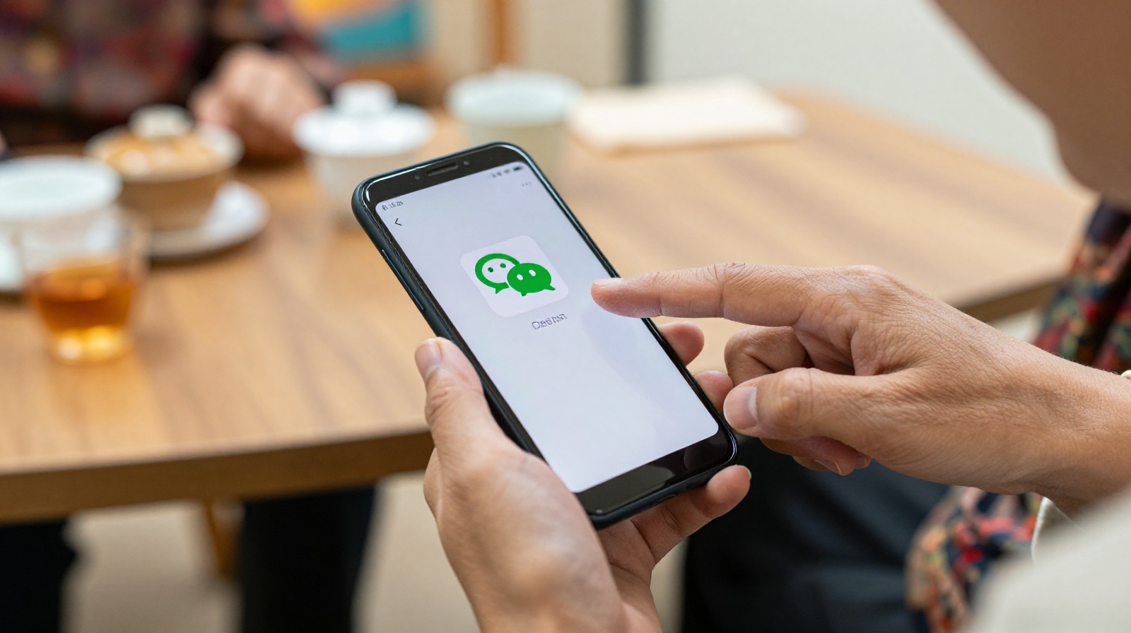 Close-up view of a young volunteer's finger guiding an elderly person's hand to tap the WeChat app icon on a smartphone screen inside a Chinese community center.