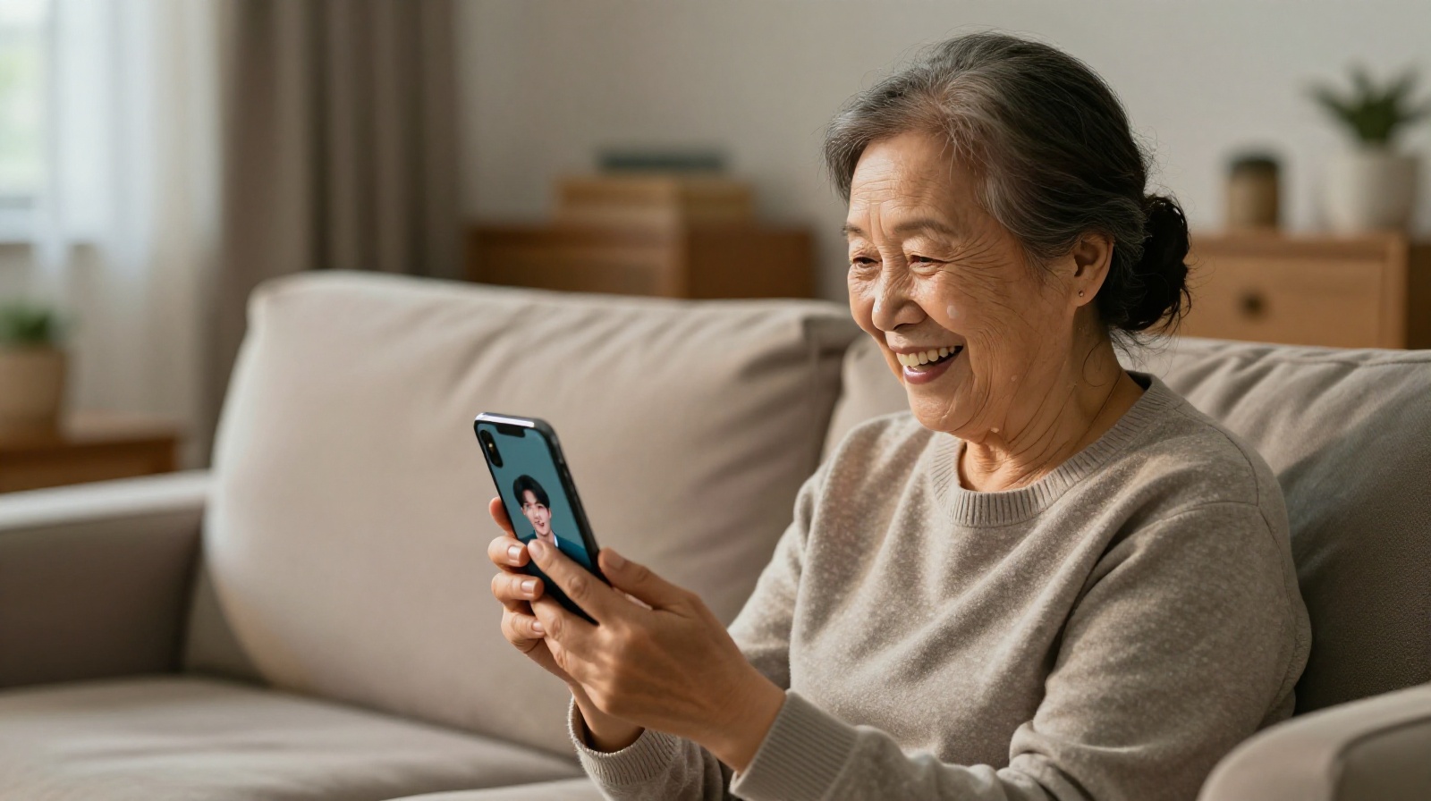 An elderly Chinese woman smiling warmly during a video call with her grandson on a smartphone, showing the emotional impact of digital connectivity.