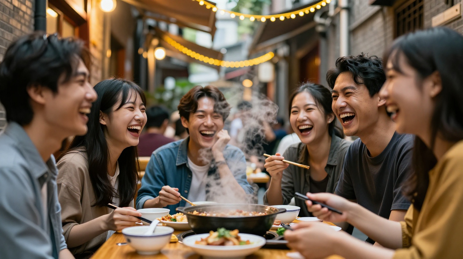 Diverse group of LGBTQ+ friends laughing together at an outdoor cafe in Chengdu evening