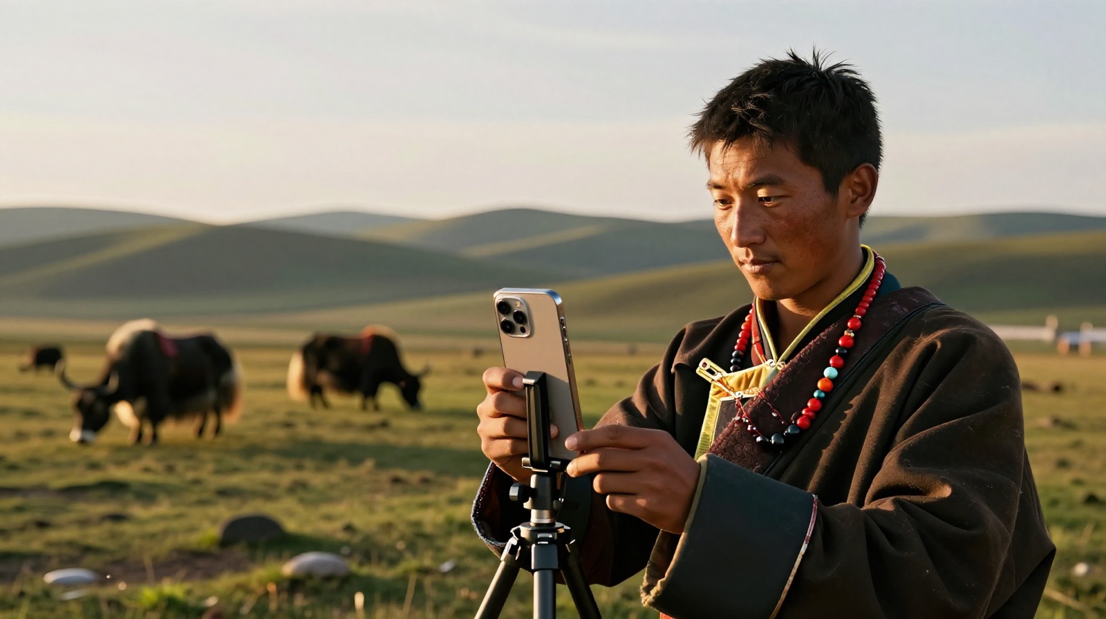 A young Tibetan herdsman setting up his smartphone to record videos on a grassy hill at sunrise with yaks grazing in the background