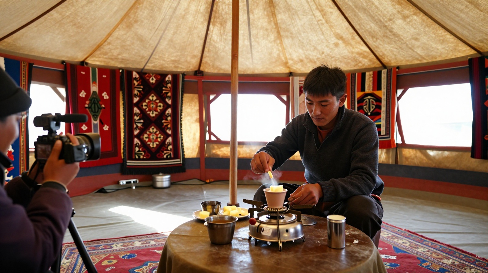 A Tibetan content creator making traditional yak butter tea inside his tent while filming for social media