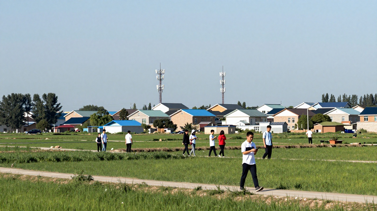 A remote village landscape showing mobile network infrastructure and young residents using smartphones for business