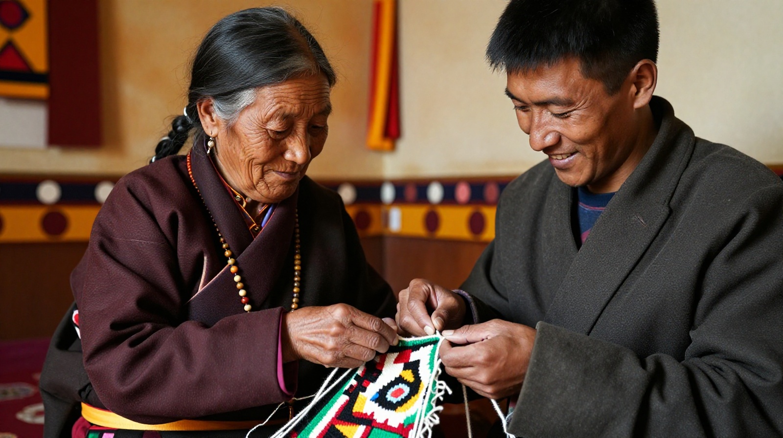 An elder teaching traditional weaving techniques to a younger generation in a Tibetan household