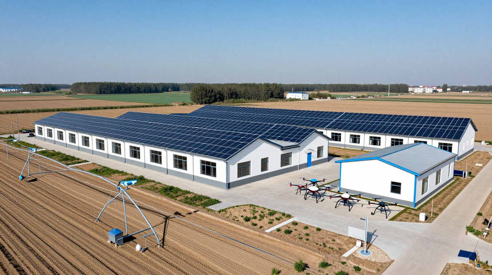 A modern agricultural facility in rural China featuring solar energy and drone technology