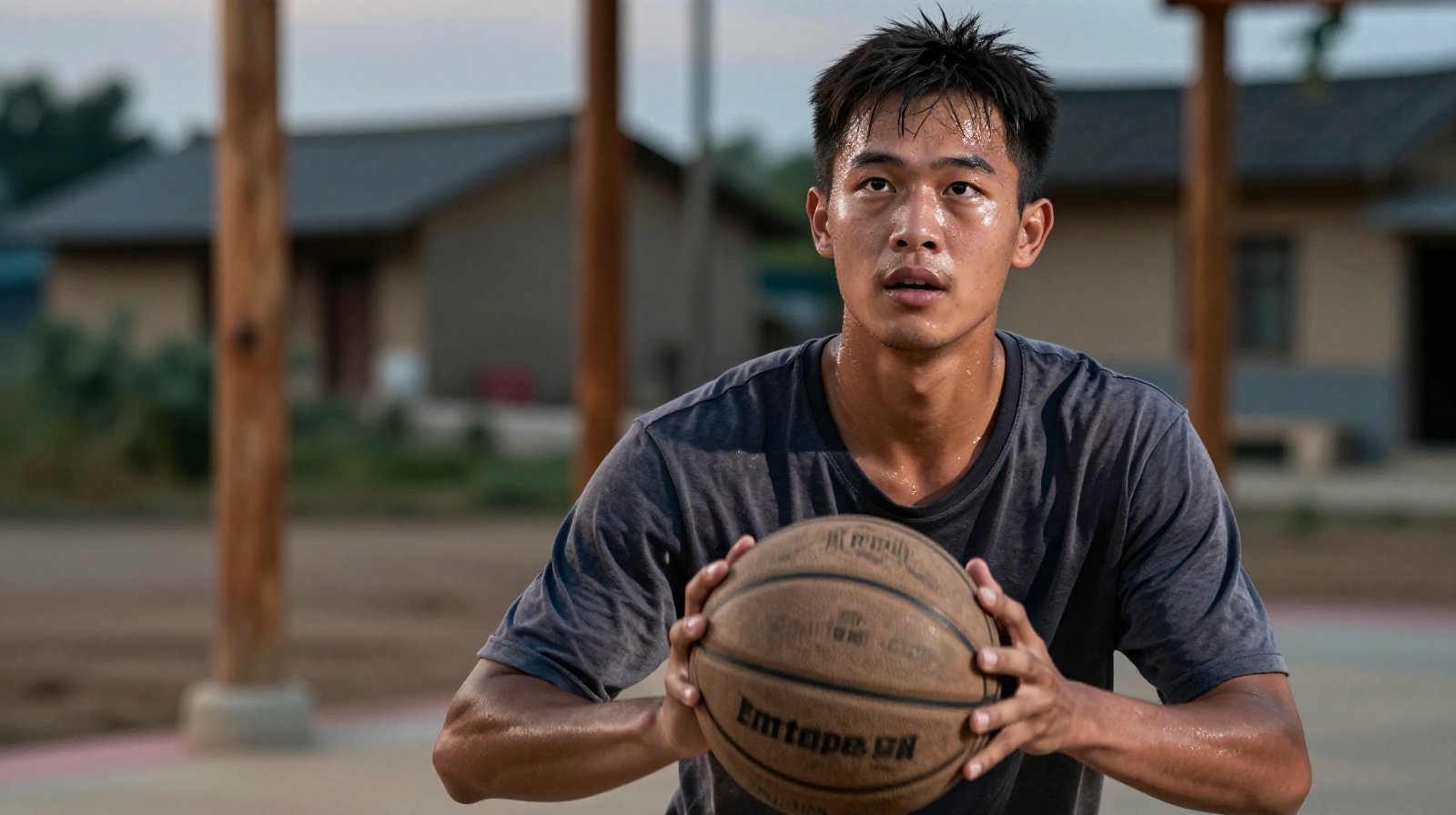 A local farmer player dribbling a basketball during a Village BA game under evening floodlights