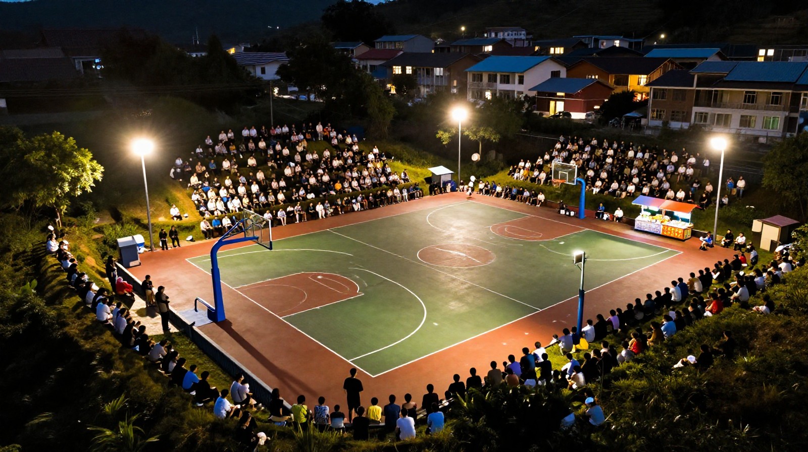 Thousands of villagers gathered to watch a local basketball match in Guizhou Province at night