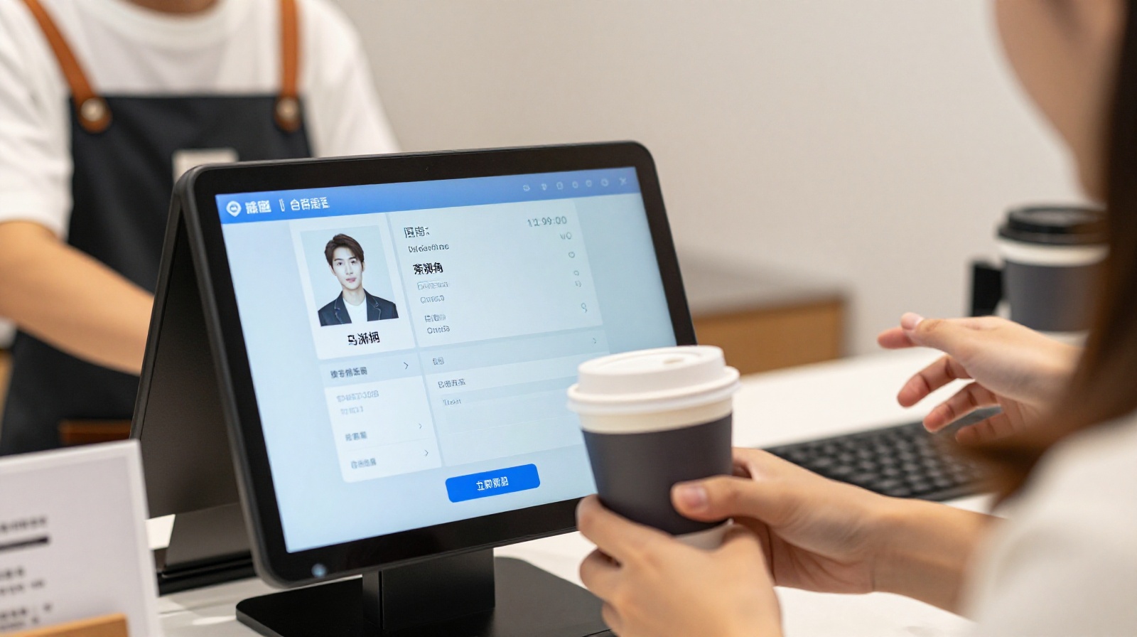Customer paying for coffee with FaceID payment in a Chinese cafe showing digital screen and barista interaction