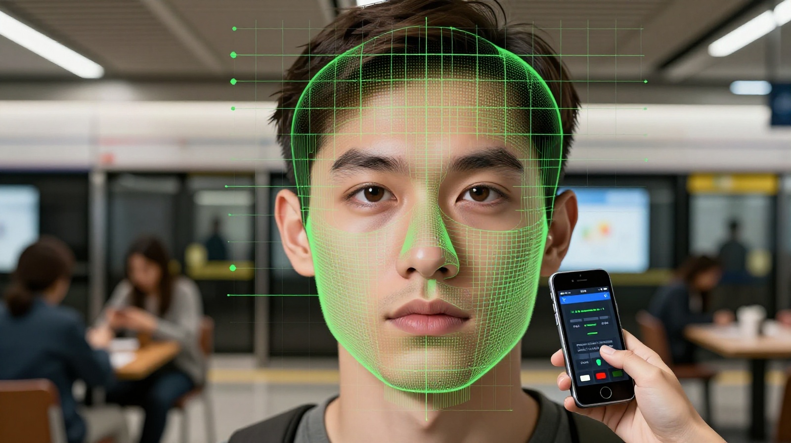 Technical visualization of biometric encryption scanning facial features for secure payment verification