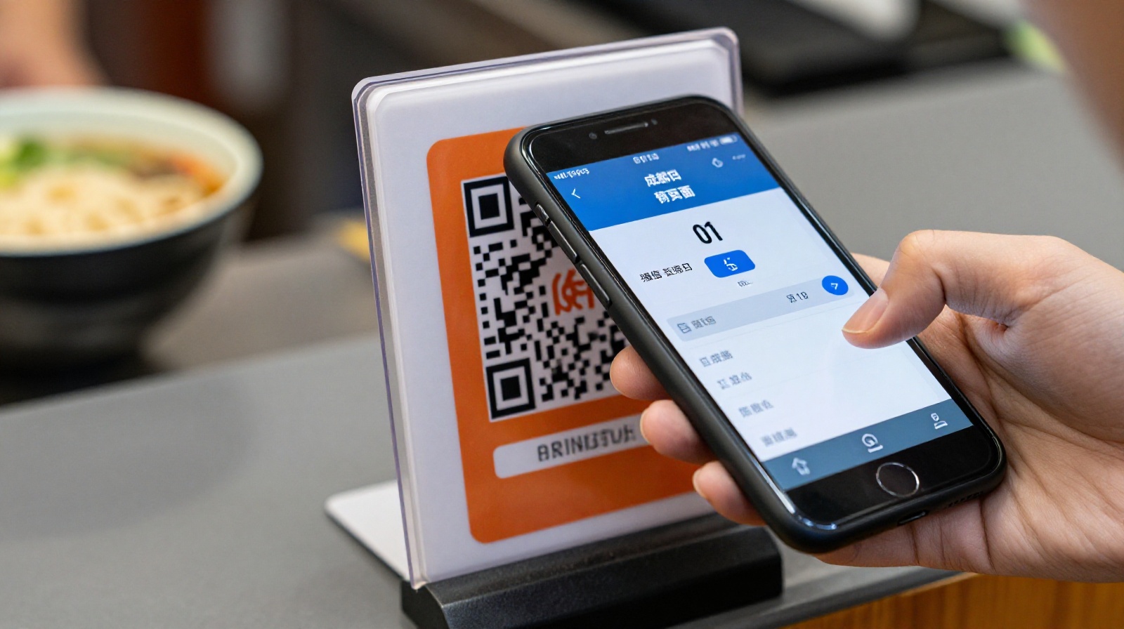 A close-up view of a tourist's hand scanning a WeChat Pay or Alipay QR code at a noodle restaurant counter in China