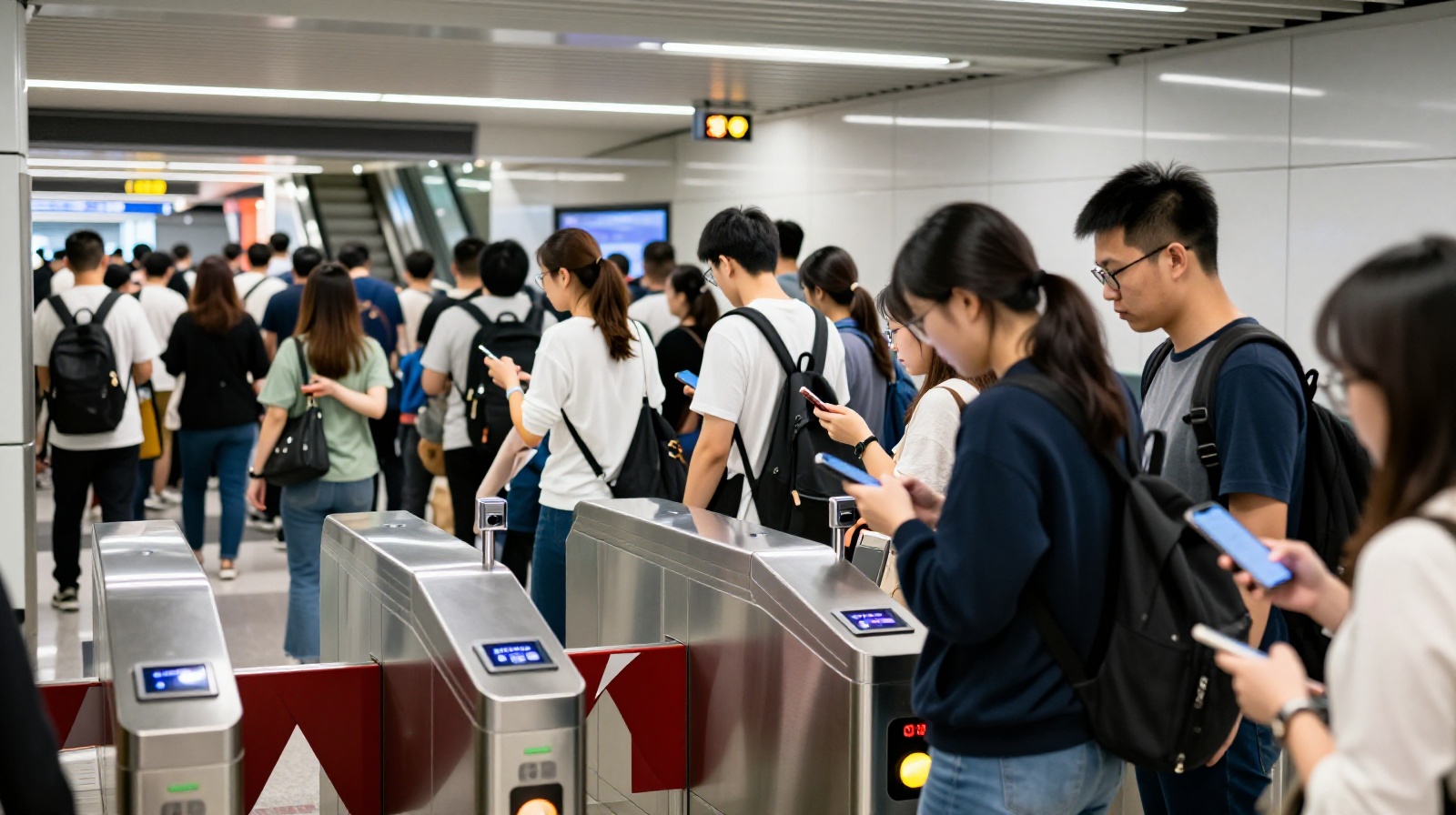 Commuters using smartphone QR codes to enter a subway station gate in China