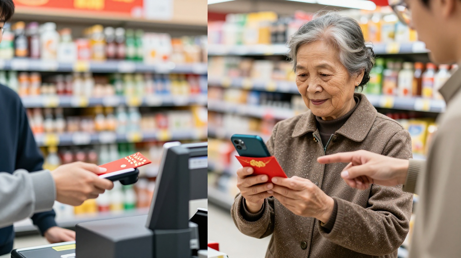 An elderly person and a young shopper using mobile payment apps in different daily scenarios