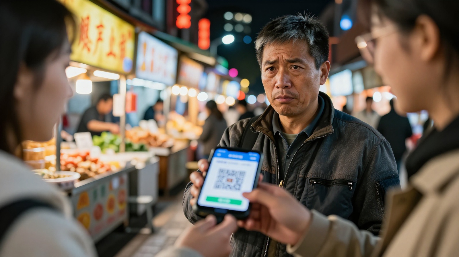 A street vendor interacting with a tourist regarding mobile payment options at night