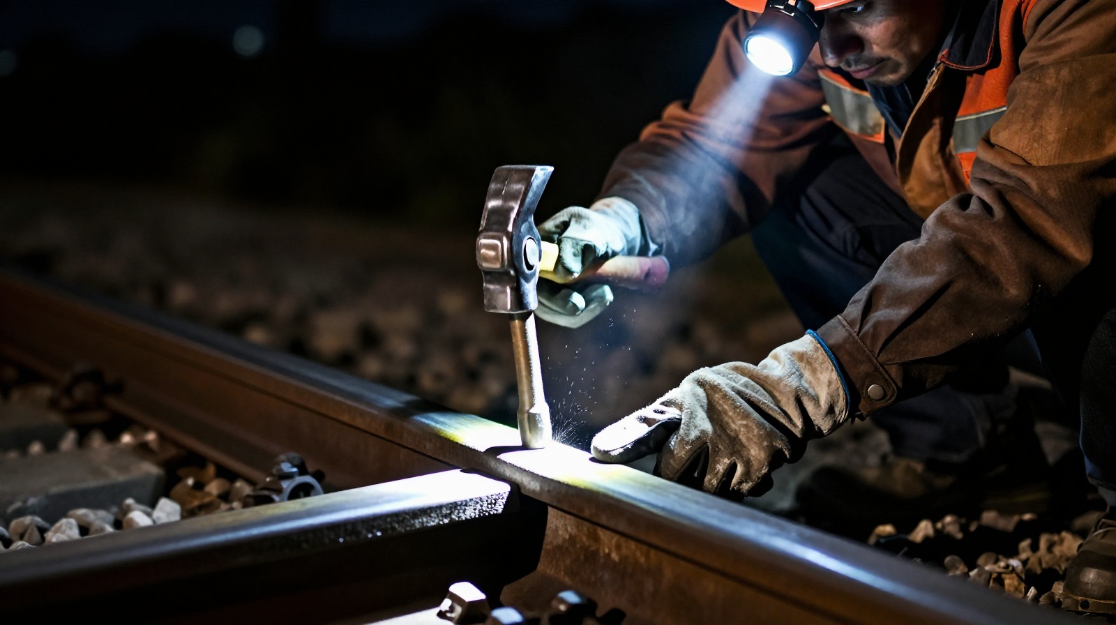 A Chinese railway maintenance worker inspecting a high-speed train track joint with a hammer under a headlamp beam at night