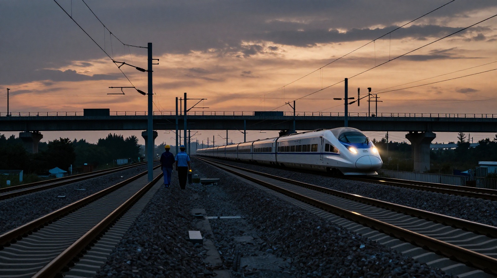 Two rail workers finishing their night shift as the first morning high-speed train arrives at dawn