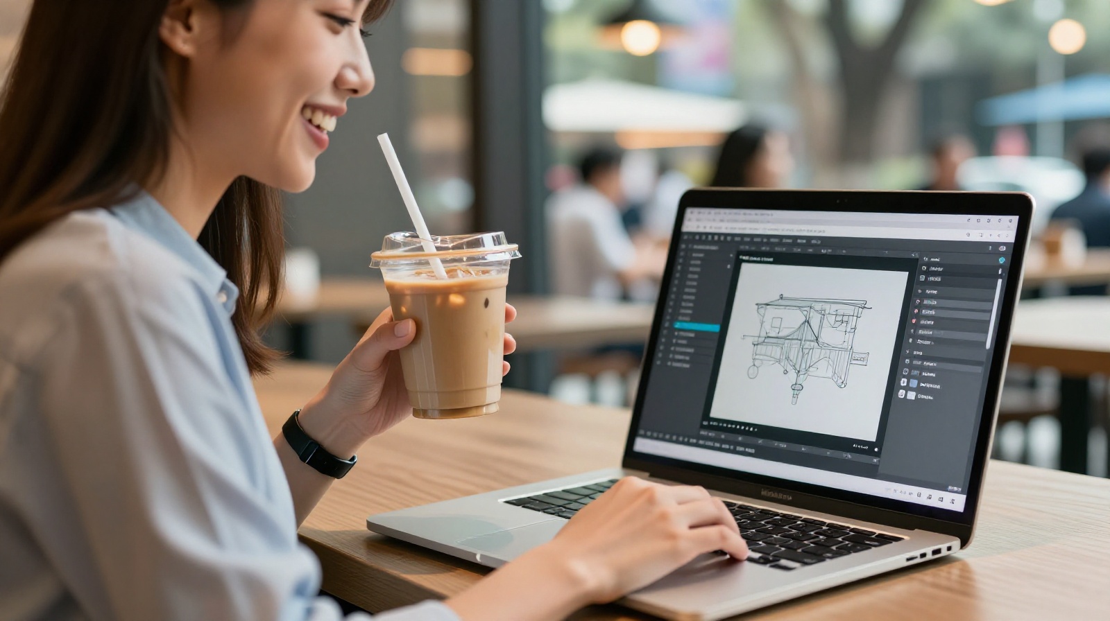 A young Chinese graphic designer in a modern Shenzhen cafe laughing at her computer screen with an iced coffee, representing the real daily life of urban professionals rather than martial arts