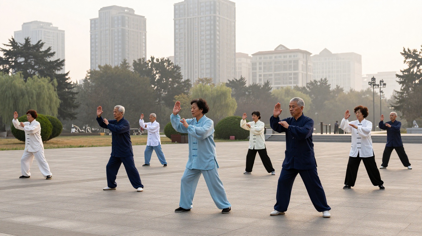 Elderly citizens practicing Tai Chi for health and balance in a Beijing park at sunrise, showing martial arts as a cultural activity rather than combat