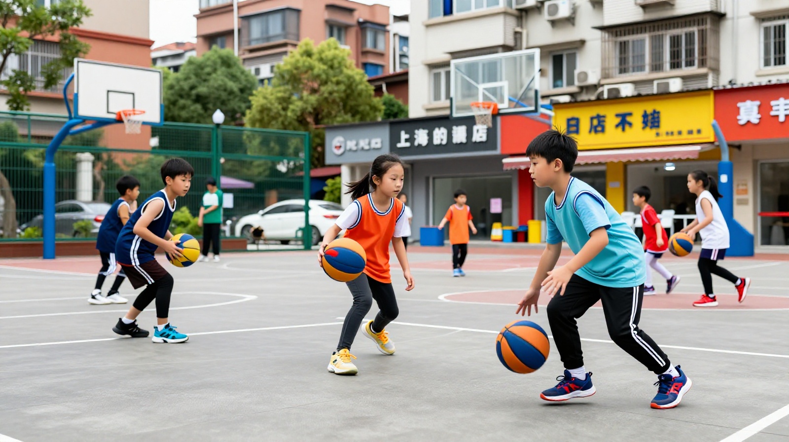 Children playing basketball on a street court in Shanghai, highlighting modern sports preferences over traditional martial arts among the youth