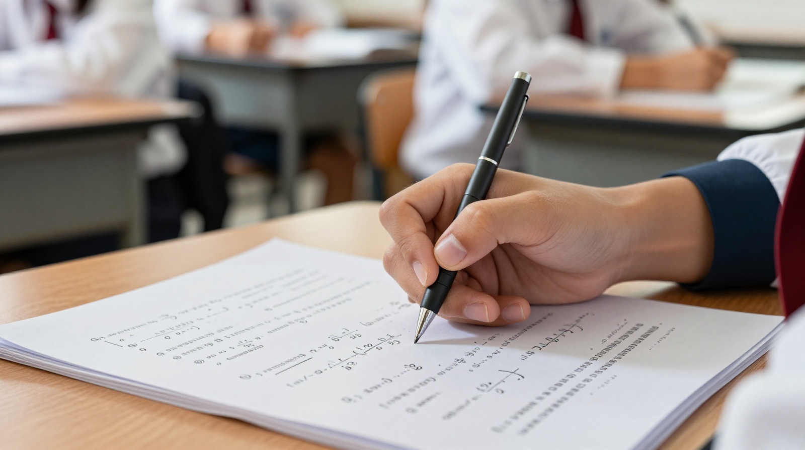 Student hands writing furiously on a math test paper filled with calculus equations in a Chinese high school classroom