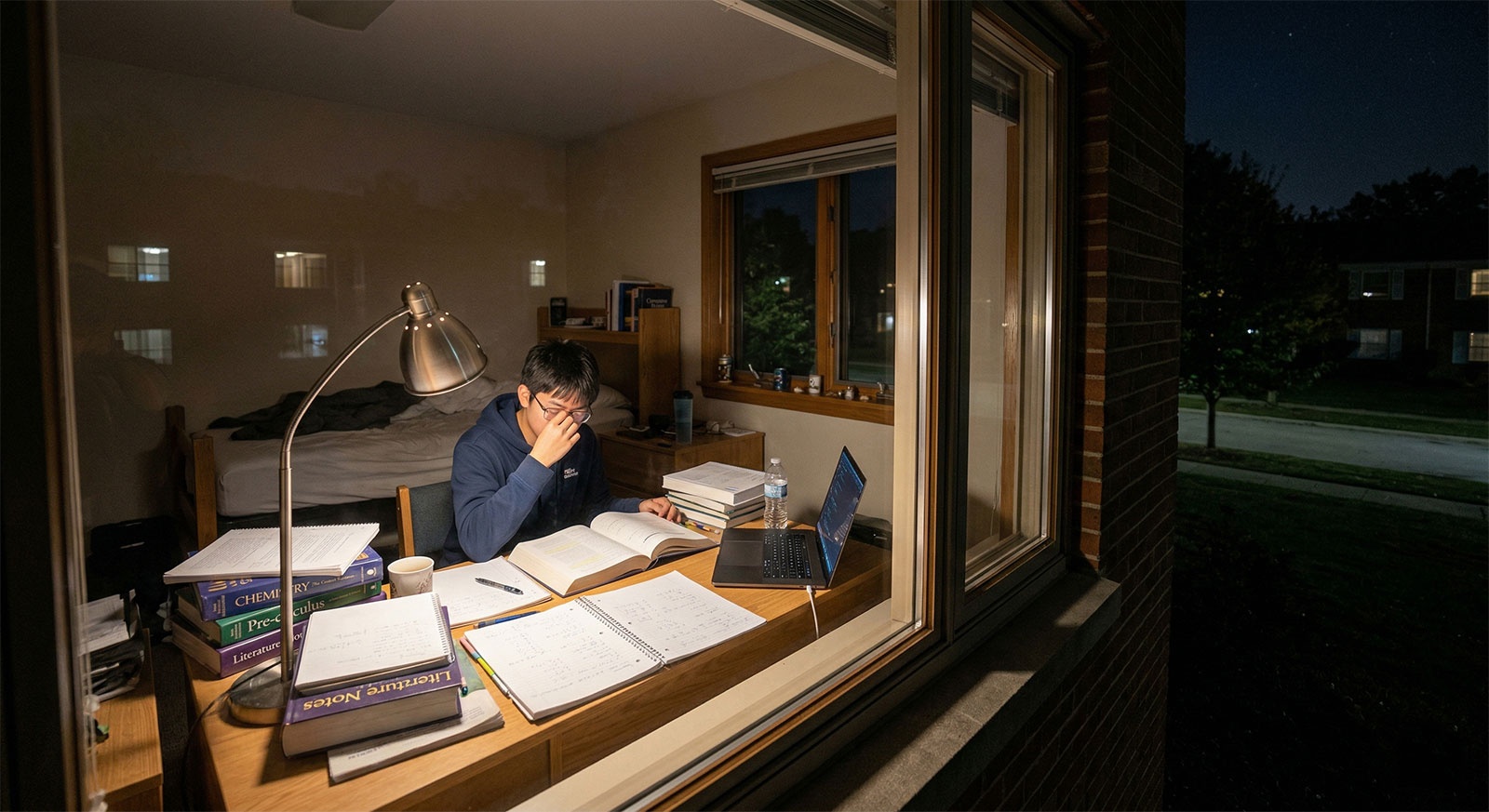 Late night study session with a student working at a desk illuminated by a warm desk lamp