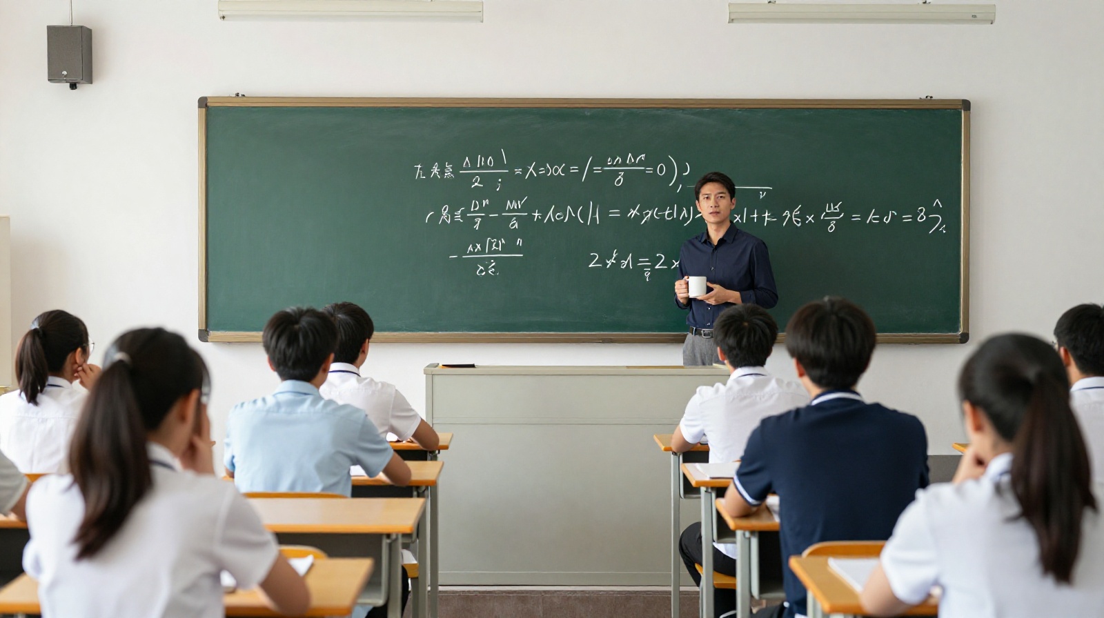 Mathematics lesson in progress with complex equations written on a blackboard and students taking notes
