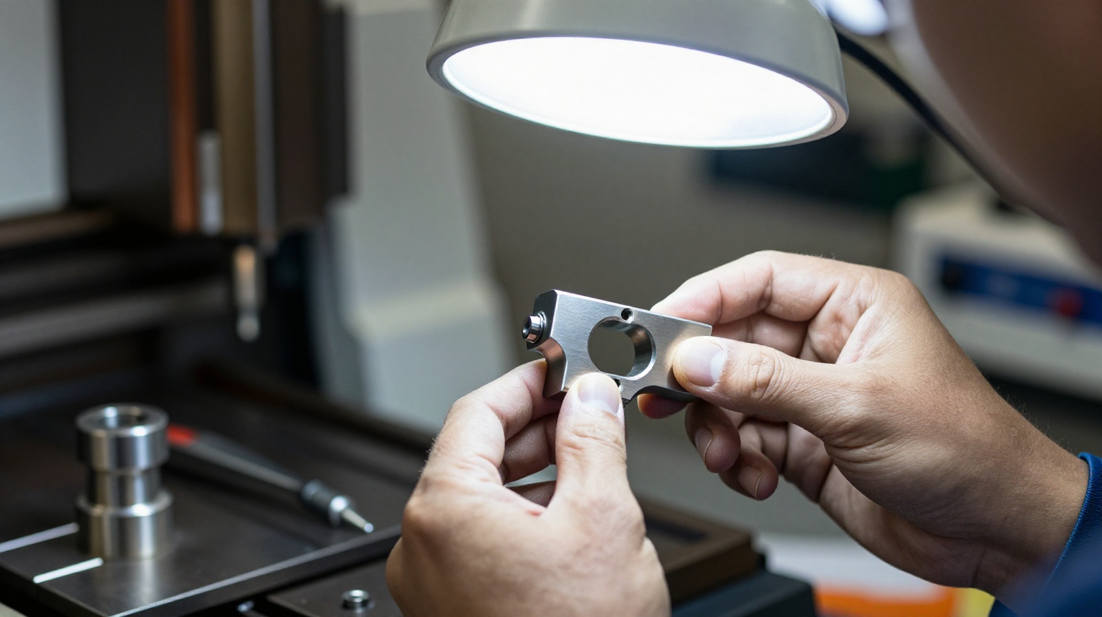 Engineer inspecting a precision aerospace-grade titanium part inside a small private workshop in Shenzhen