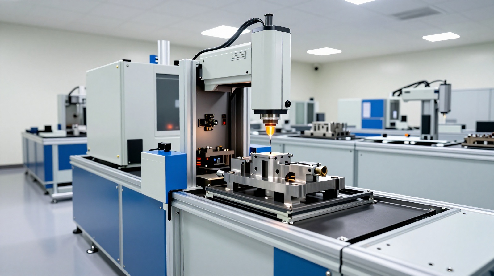 Laser scanning equipment inspecting a precision steel component in a high-tech private factory