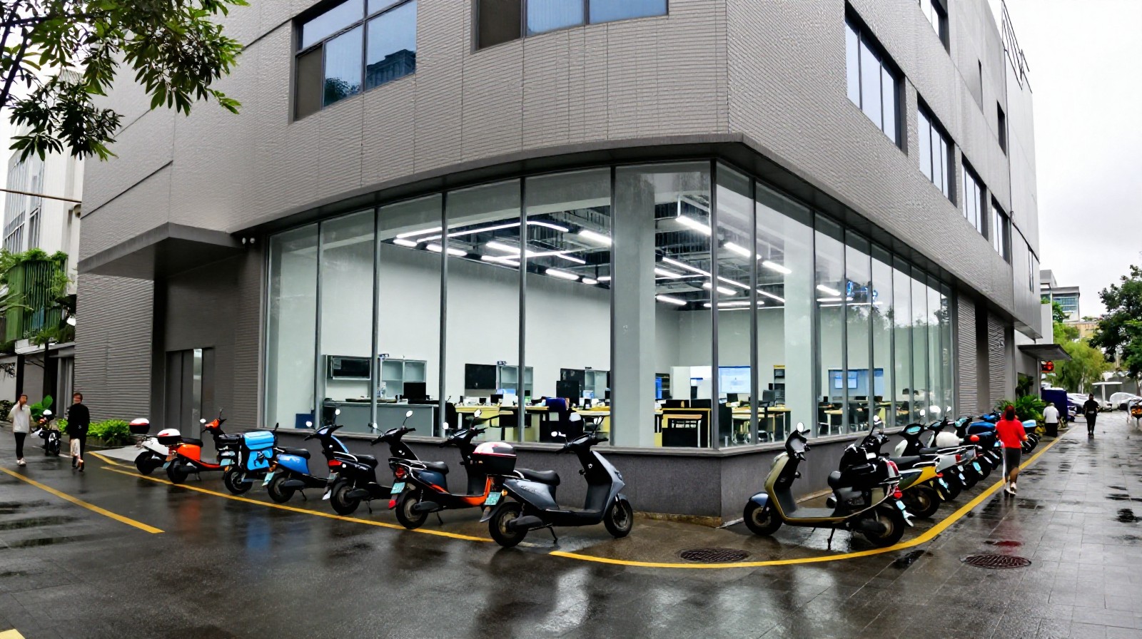 Busy street scene outside a private manufacturing workshop in Shenzhen showing ordinary daily life