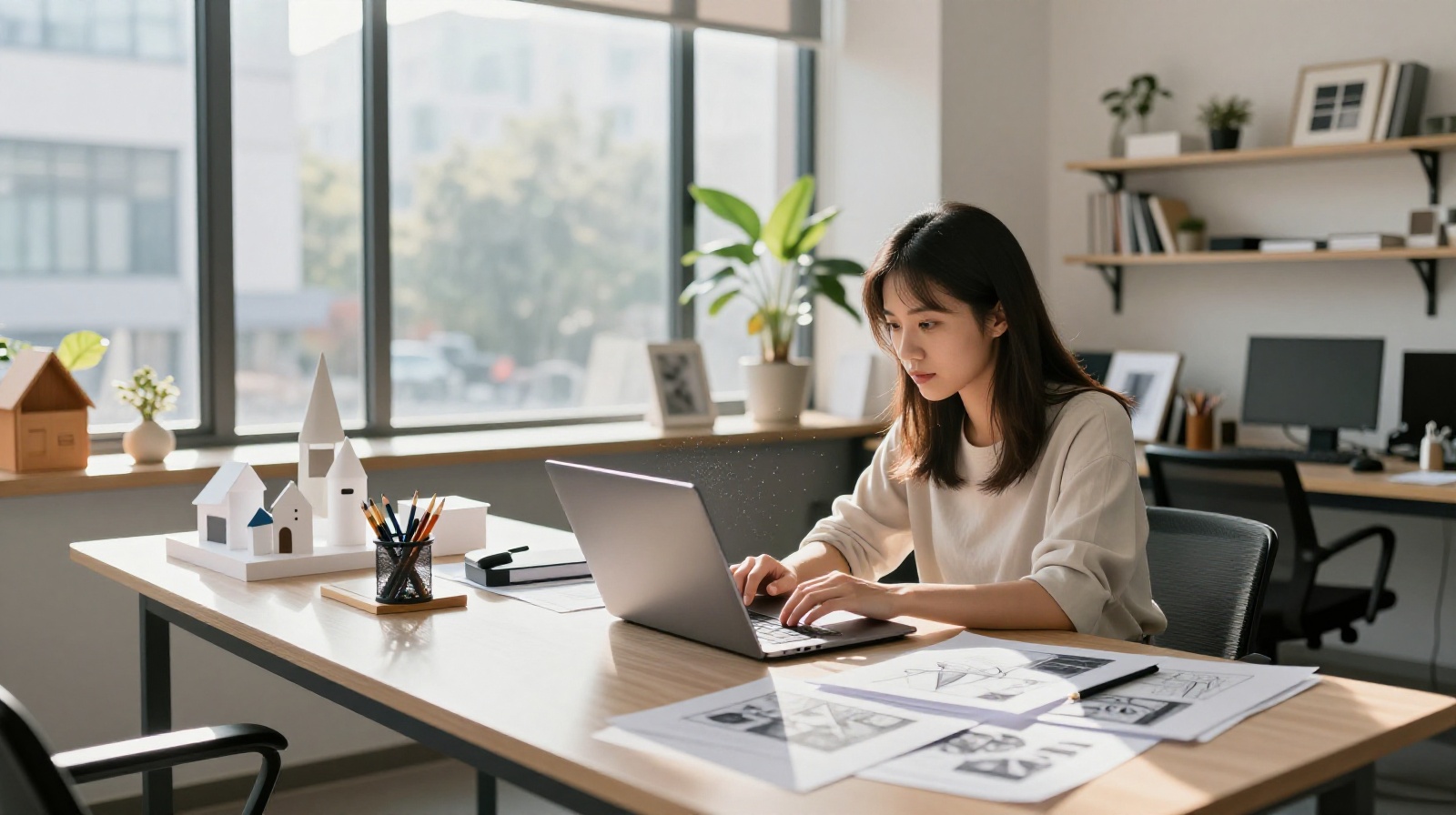 Female entrepreneur Mei Ling working at her design studio in Chengdu