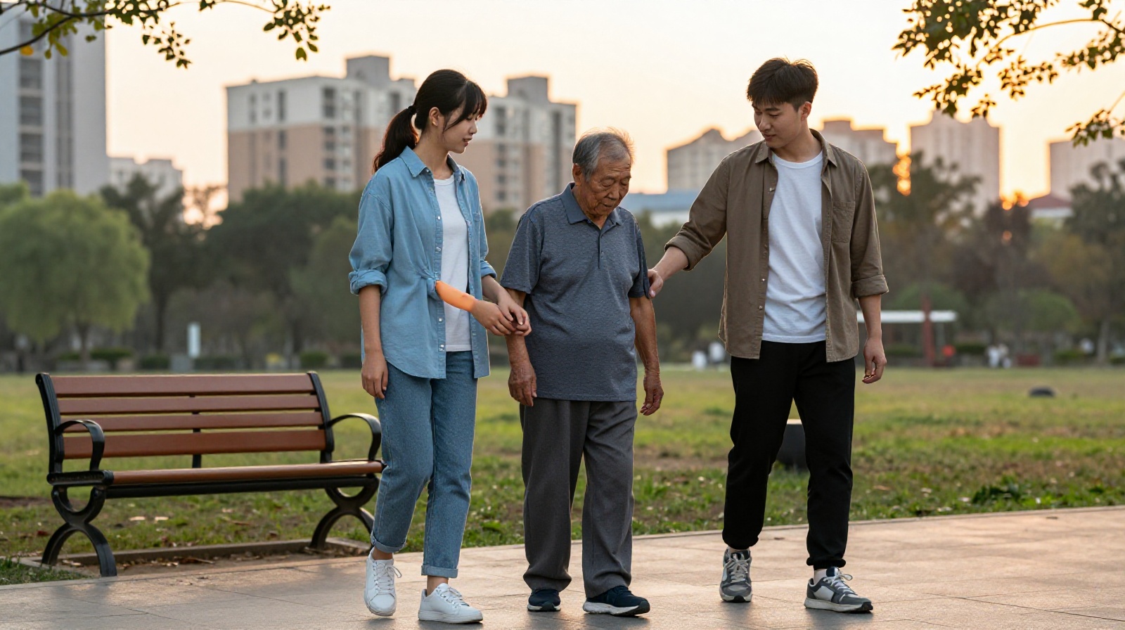 Adult child assisting elderly parents in a Chinese city park at sunset
